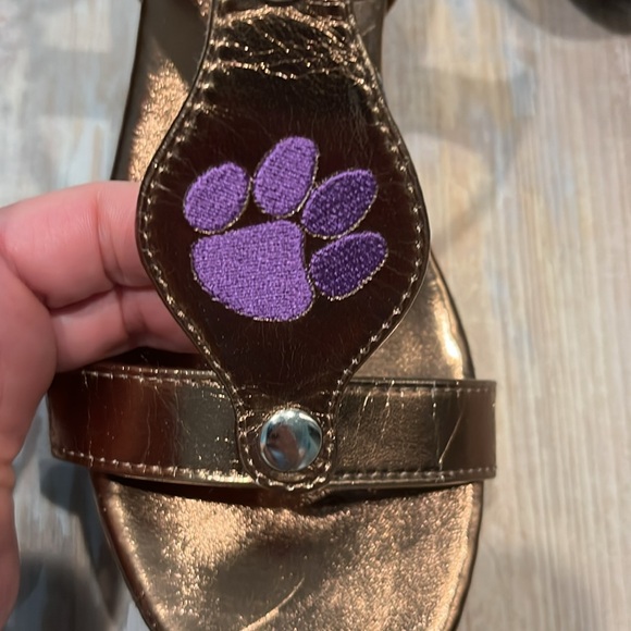 Never worn DBA gold wedges with removable purple tiger paw patches - Picture 2 of 6